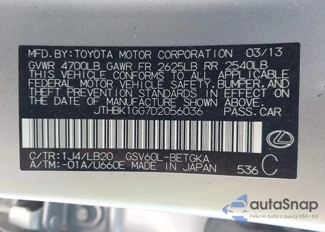 2013 Lexus Es 350 z USA, uszkodzony, nr VIN JTHBK1GG7D2056036